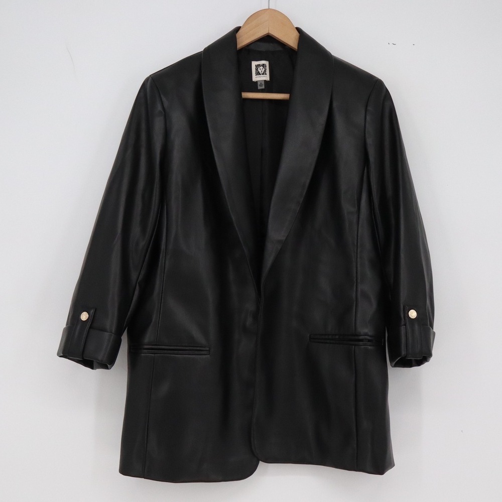 Anne Klein Blazer Womens M Faux Leather Black Shawl Collar 3/4 Sleeve Excellent